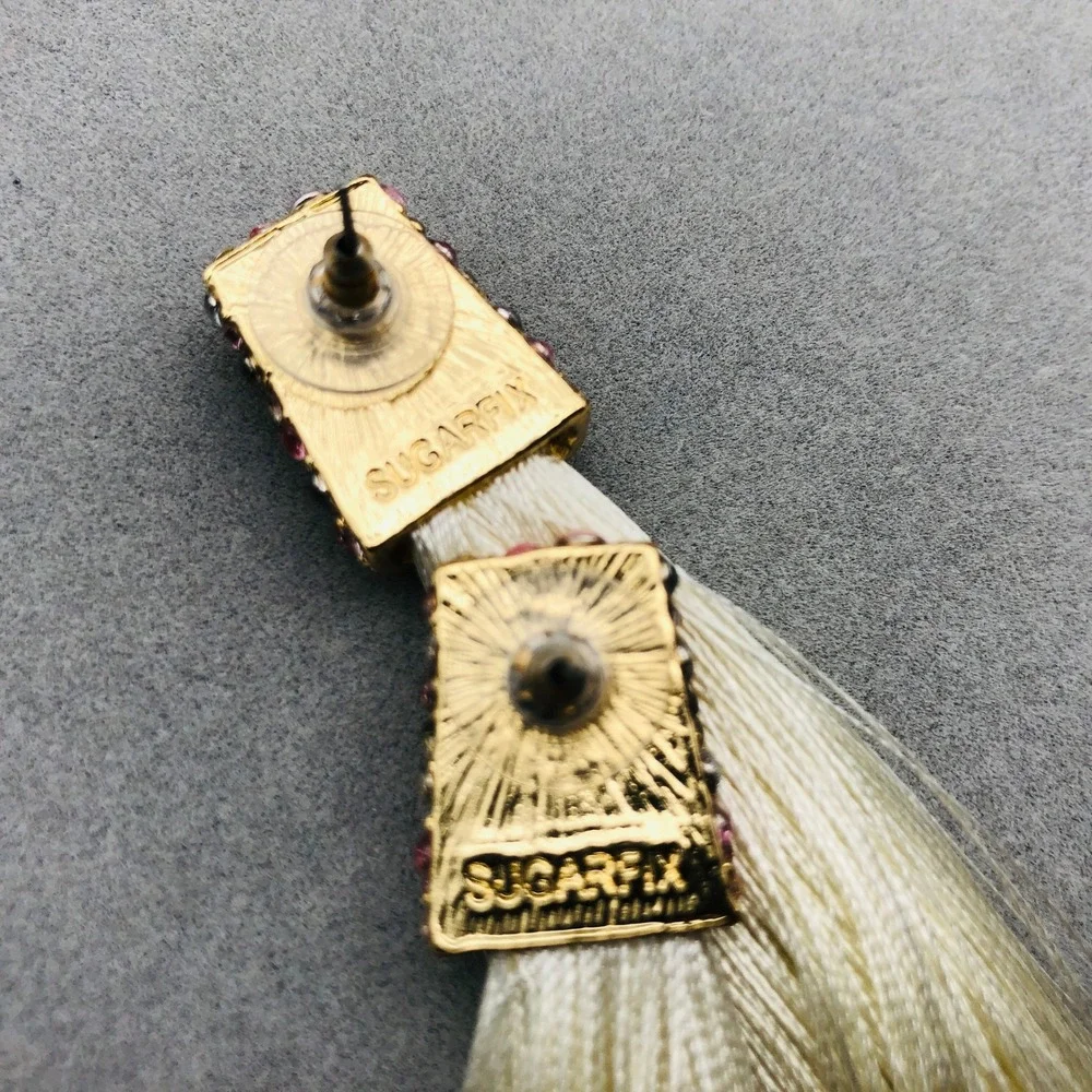 Dangle Earrings Set 2 Pair Gold‎ Tone Chandelier Pink Rhinestone White Tassel